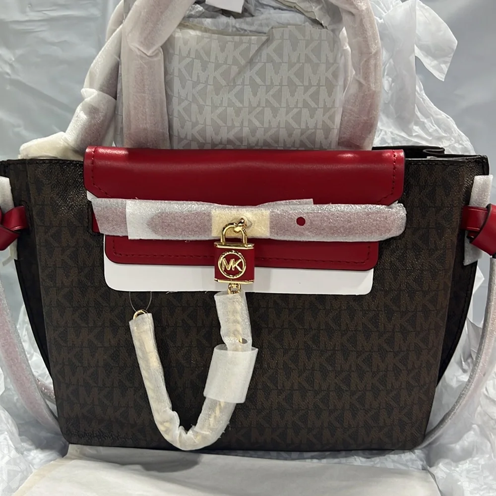 NWT - Michael Kors Hamilton Legacy Sm Logo Belted Satchel, Crimson/Brown - Picture 5 of 11